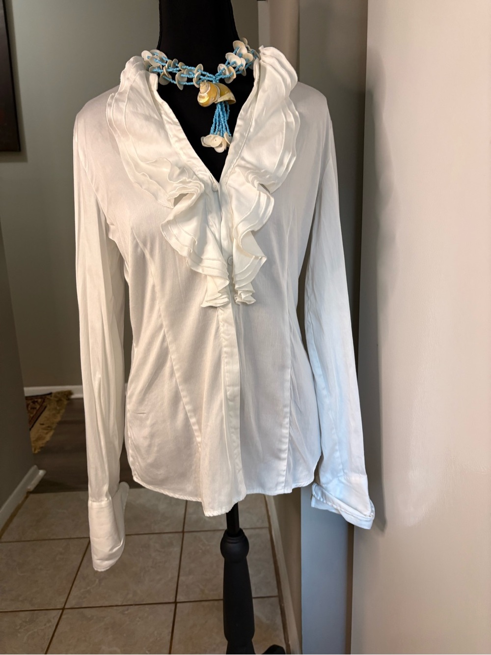 New York & Company White Ruffle-Front Long-Sleeve Blouse
